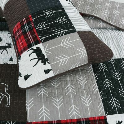 NEW! ~ COZY MODERN LODGE LOG CABIN GREY RED BLACK PINE TREE DEER MOOSE QUILT SET