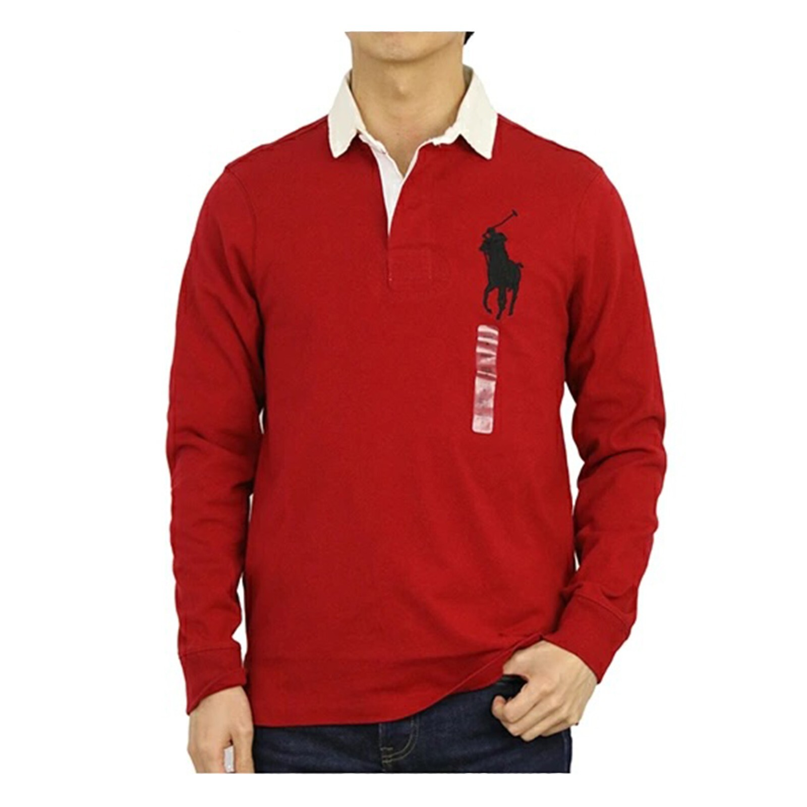 Ральф Лорен Поло С Длинным Рукавом На Заказ Тонкий Fit Большим Пони Регби Поло Рубашка - Красный -