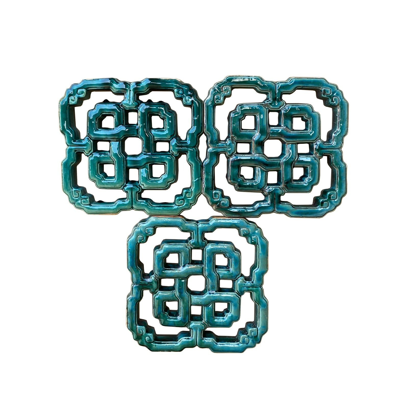 Lot of 3 Chinese Infinite Knot Turquoise Green Mix Glaze Clay Tile cs7264S Lot of 3 Chinese Infinite Knot Turquoise Green Mix Glaze Clay Tile cs7264S