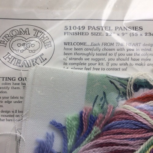 Dimensions From The Heart Crewel Kit PASTEL PANSIES #51049 Vtg 1990 22x9 USA