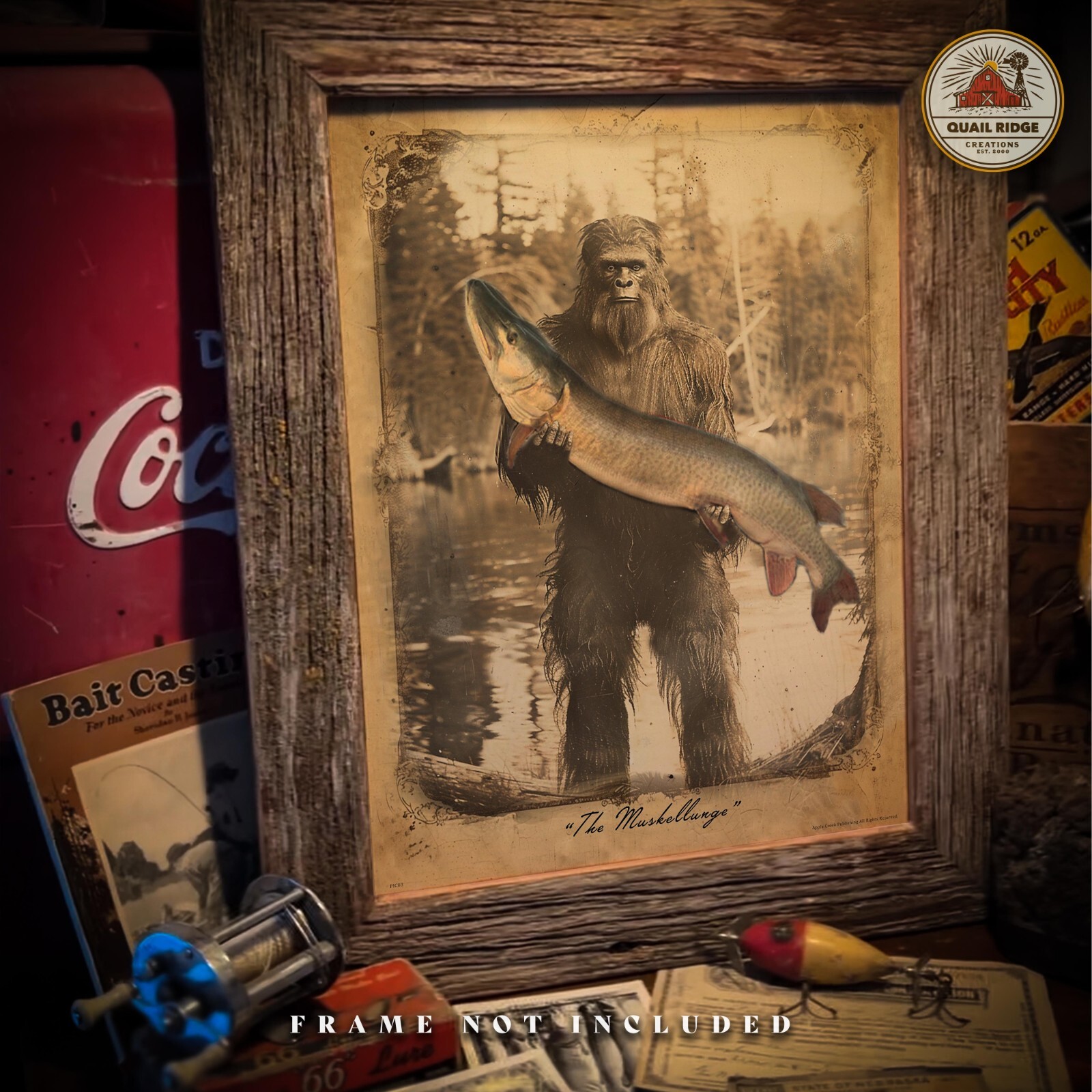 Vintage Sasquatch Bigfoot Photograph Art Print Muskie Fishing Hunting Cabin Gift