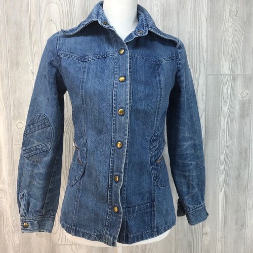 Vtg 70's Blue Denim Jean Jacket Top Snap Hippy Patchwork