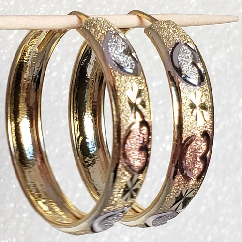 Pre-owned Pink Solid 14k Gold Hoop Earrings Hearts Yellow White Rose 1 Inch Long