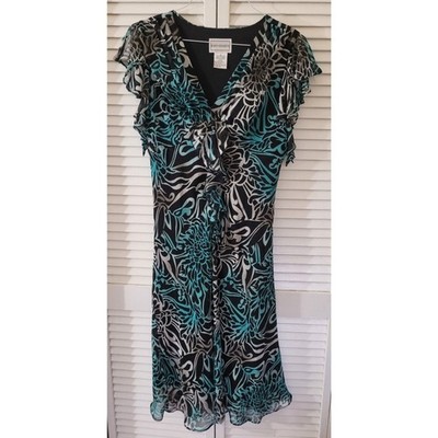 Karin Stevens Teal Black Abstract Mesh Midi Dress Flutter Sleeve Size 14
