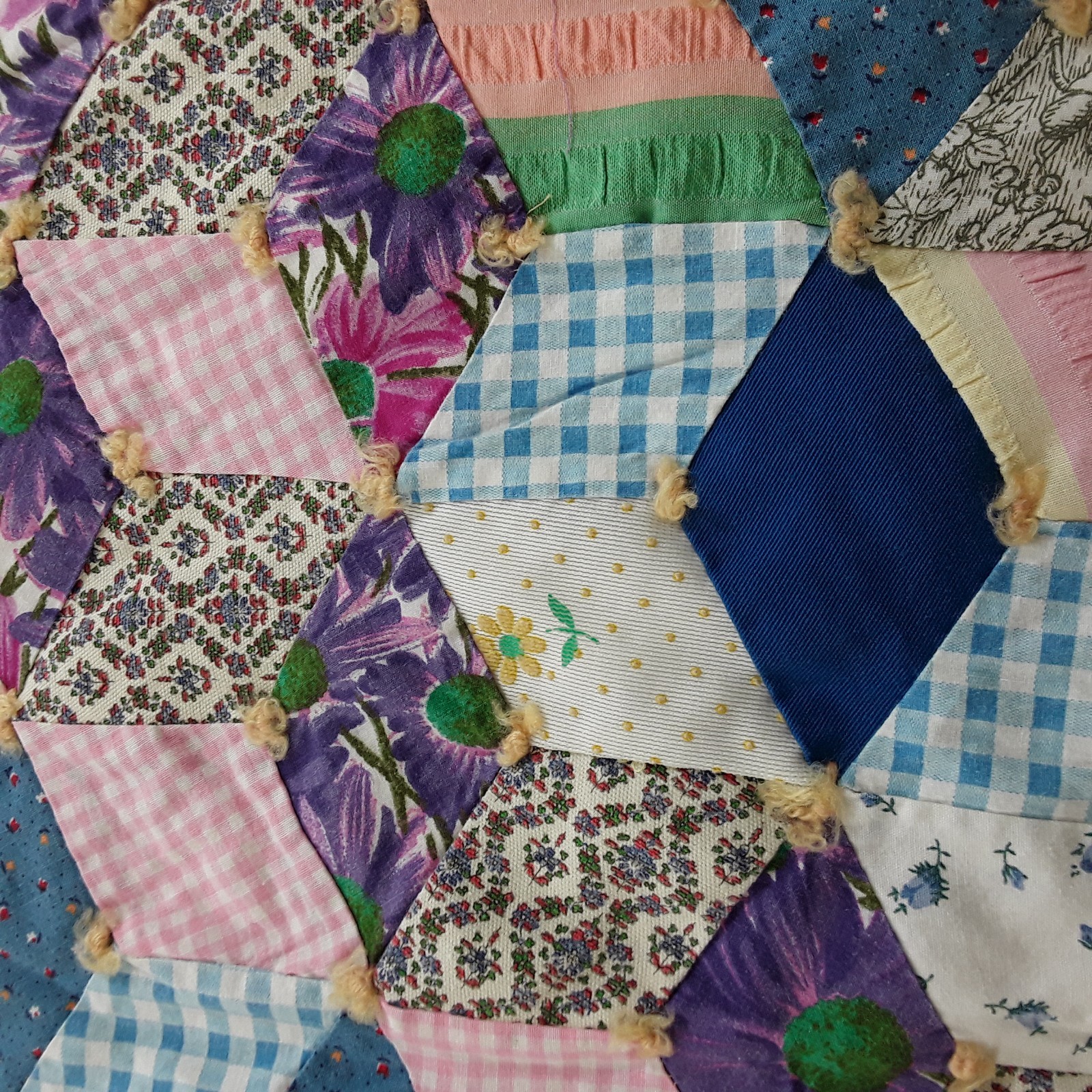 Vintage Handsewn TUMBLING BLOCK Summer QUILT Colorful 68x78 tacked