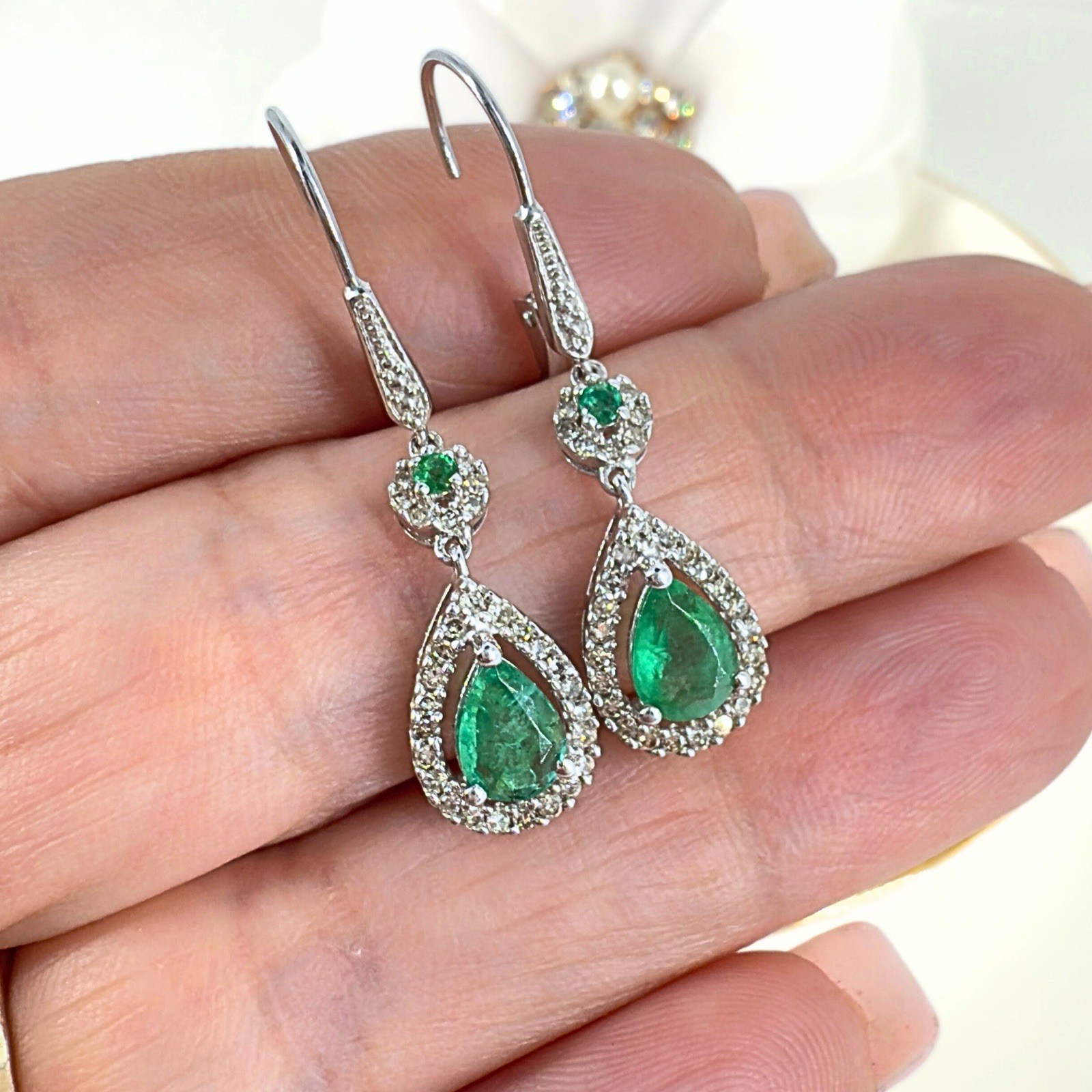 14k White Gold Genuine Emerald & Diamond Leverback Dangle Earrings, Preowned - Picture 3 of 11