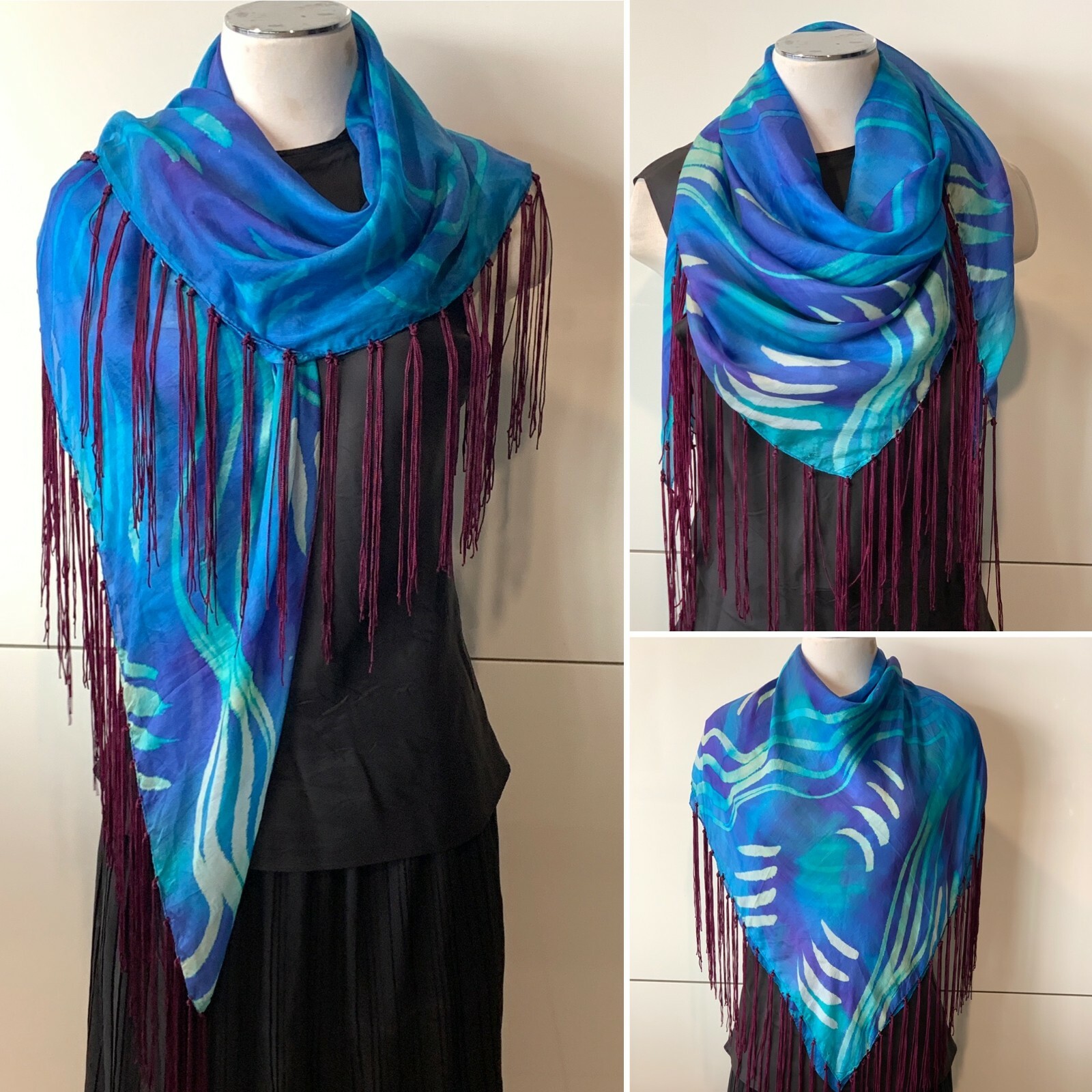 小物 Hand Printed Silk Scarf - blue Long Blue Silk Scarf With Hand Printed Leaves and Folding