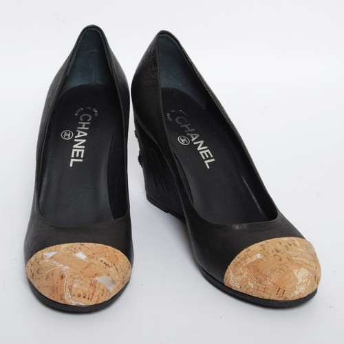CHANEL High Wedge Heels Shoes Black Leather Platform Round