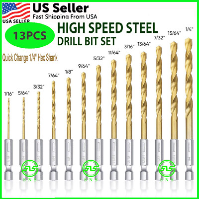13PCS HSS Twist Drill Bit Set Metal Titanium 1/4'' Hex Shank Kit QUICK RELEASE US