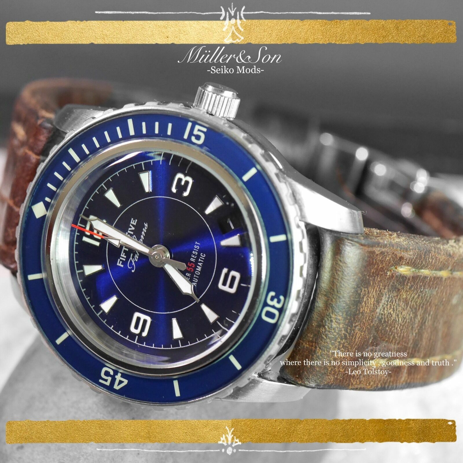 Pre-owned Müller&son Watch "modern Blue Supermod" Made From Seiko Snzh + Horween Strap