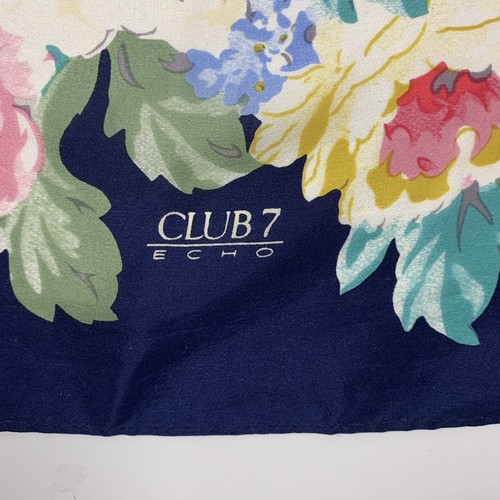 Vintage Echo Club 7 Scarf 1980s Floral Cabbage Roses Blue and Pink 30