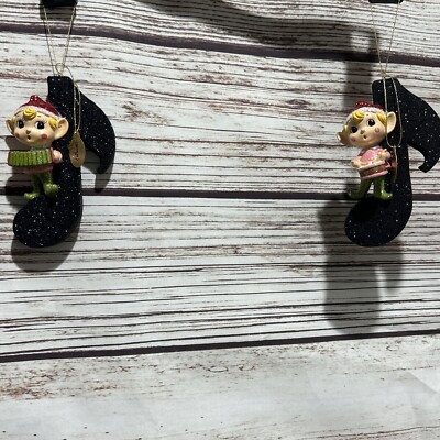 LOT 2 Katherine Collection Christmas Ornaments Sparkly Music Elves On Music Note