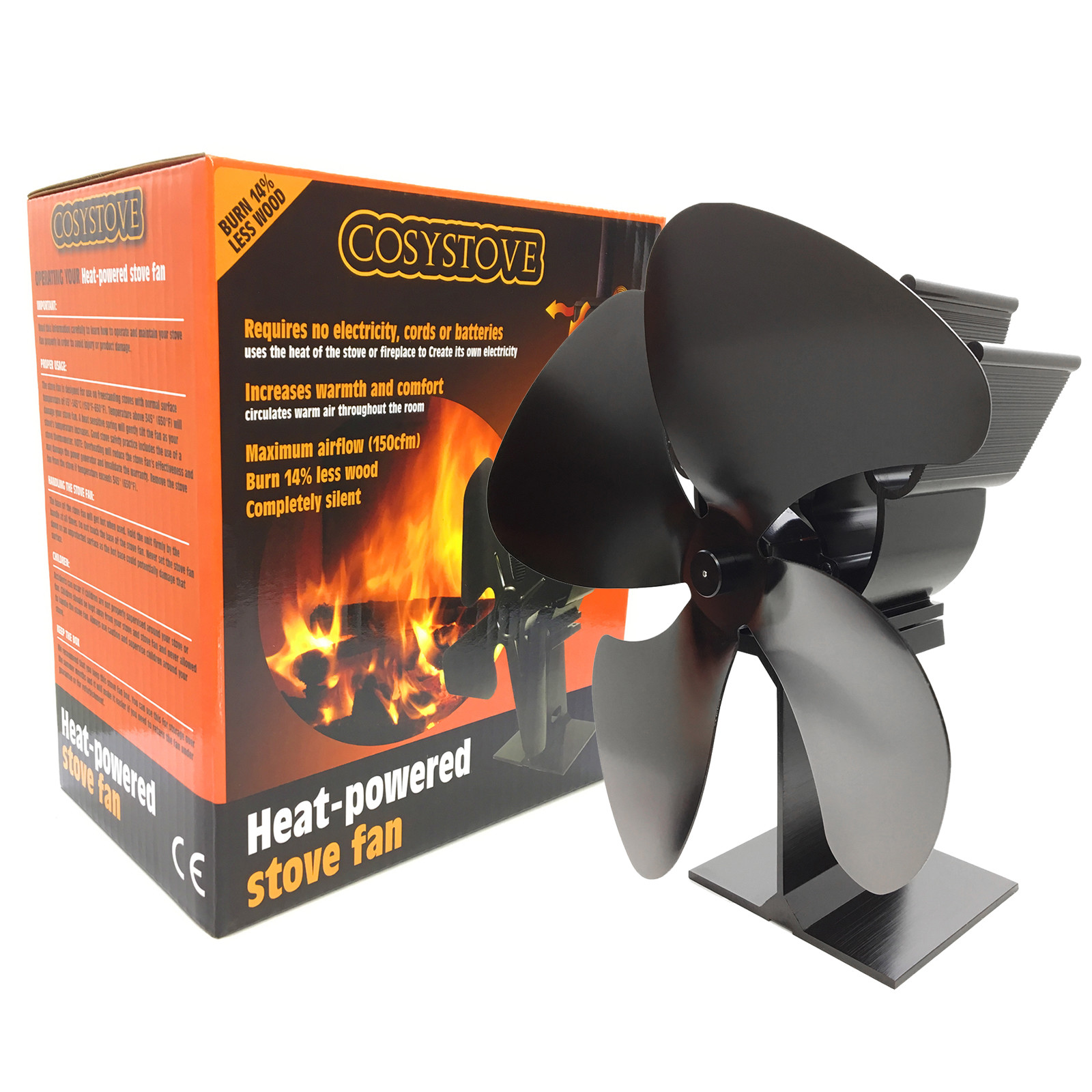 New Eco Friendly Black 4 Blade Heat Powered Winter Wood Burning Stove