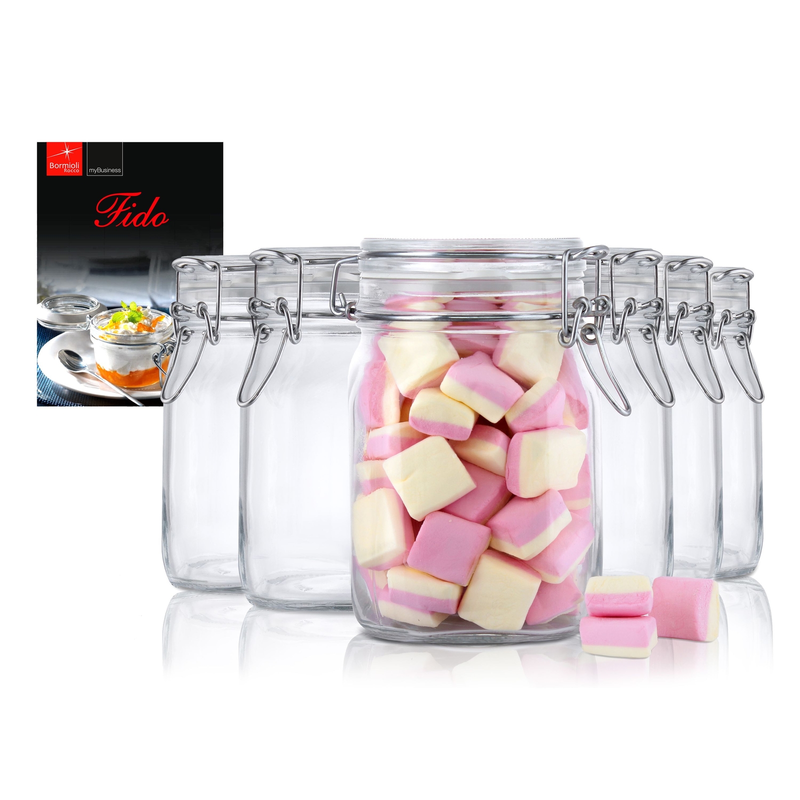 6er Set Einmachglas Bügelverschluss Original Fido 1,0L incl. Bormioli Rezeptheft