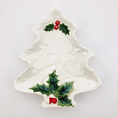Vintage Lefton Christmas Tree Relish Dish White Holly & Berries Ceramic