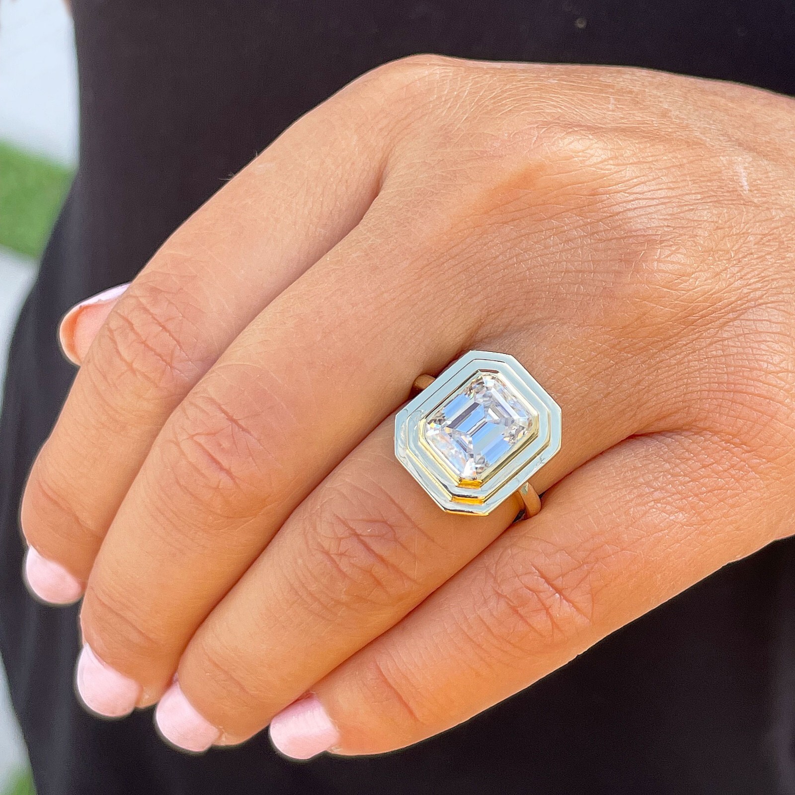 Pre-owned Knr 14k Solid Yellow Gold Emerald Cut Moissanite Engagement Ring Bezel Set 3.50ct