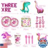 Pink Three Dino Rex Birthday Party Decorations Dinosaur 3rd Birthday Décorations Three inspired Rex Birthday Party Supplies include balloon backdrop knive fork spoon plate napkin cup tablecloth