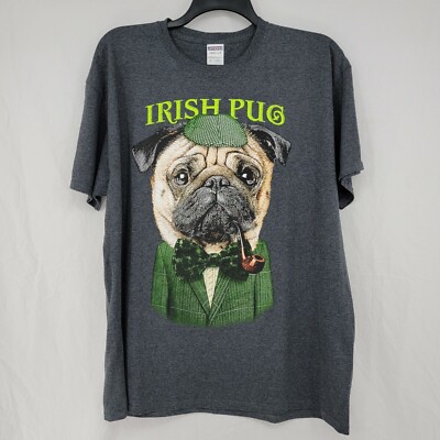 Irish Pug Novelty T-Shirt St. Patricks Day Dog Pub Bar Gray Men's XL