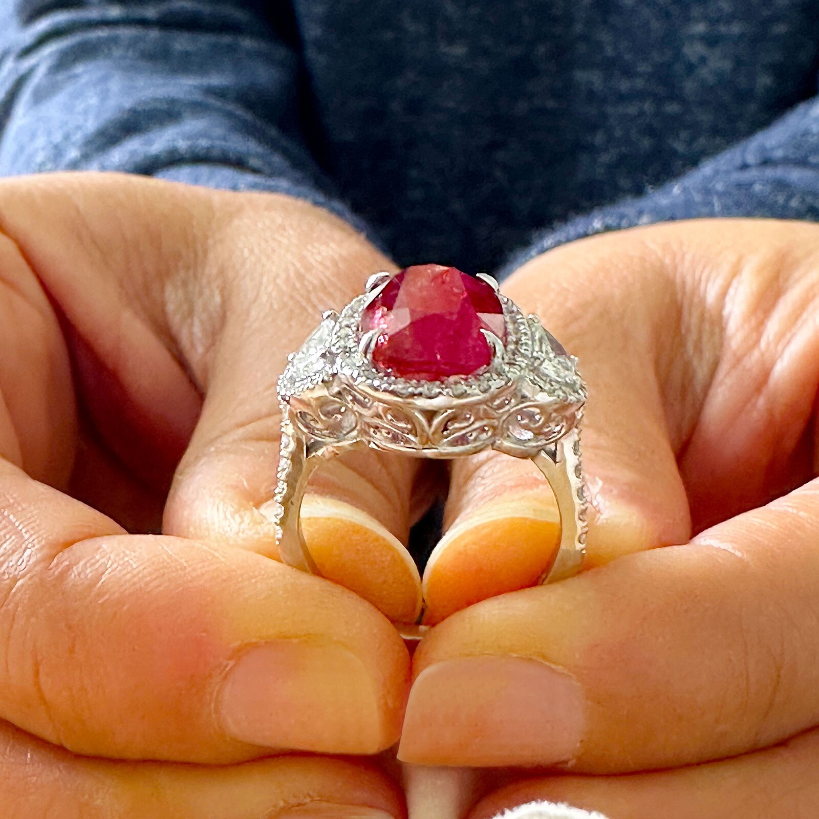 Pre-owned Ruby 14k White Gold Oval  And Diamonds Engagement Ring Deco Bridal Halo 5.00ct