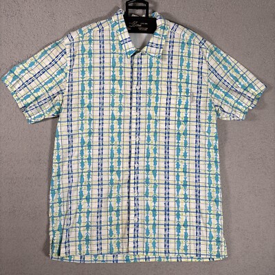 Columbia Pfg S/s Button Down Shirt Men s Medium Plaid Fish AOP Tuna
