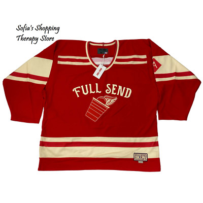 FULL SEND Nelk Boys Red Cup Hockey Jersey Sz MEDIUM Embroidered Patches