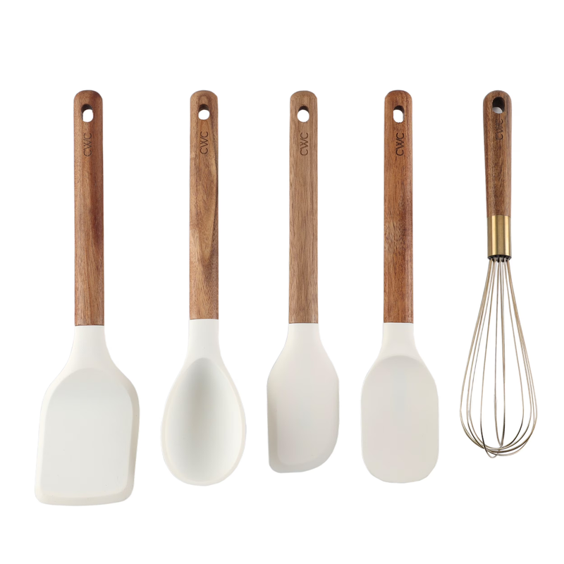 5-Piece Wooden Cooking Utensils Set with Silicone Heads, Stylis