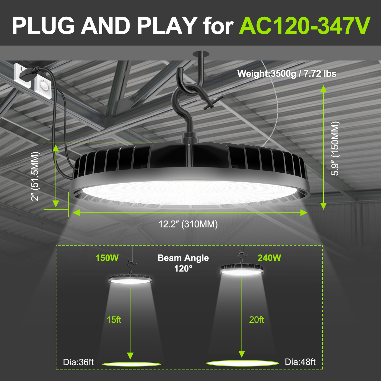UFO LED High Bay Light 240W/200W/150W Adjustable 3000K/4000K/5000K 33,600Lumens