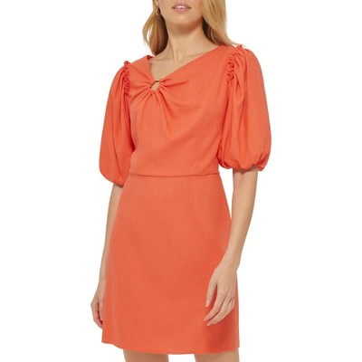 Женские платья DKNY Льняное миди-платье с коротким рукавом и кольцом на шее