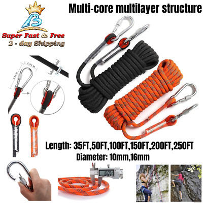Rock Climbing Rope Static Safety Rescue Hiking Camping Outdoor Polyester Black
