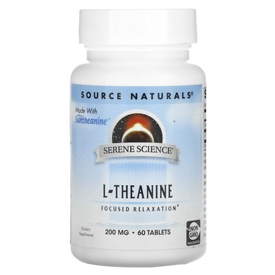 Source Naturals L-теанин 200 мг 60 таблеток без молочных продуктов, без яиц, без глютена,