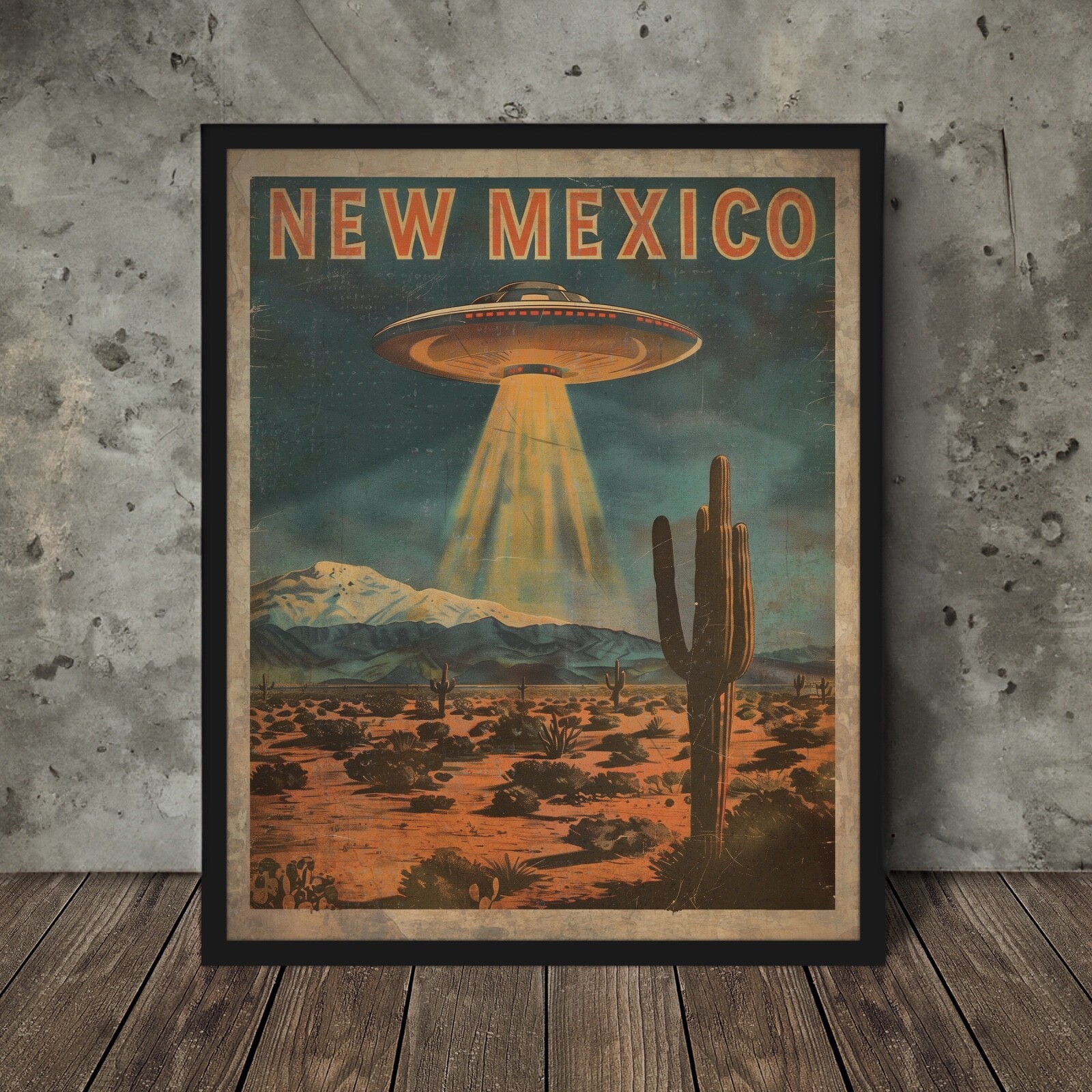 UFO NEW MEXICO Travel Poster, Roswell Alien Cactus Decor