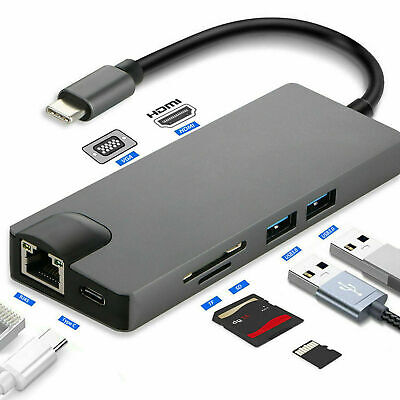 8 in 1 Typ C Hub USB 3.0 zu USB-C HDMI For Macbook 4K RJ45 LAN SD TF VGA Adapter