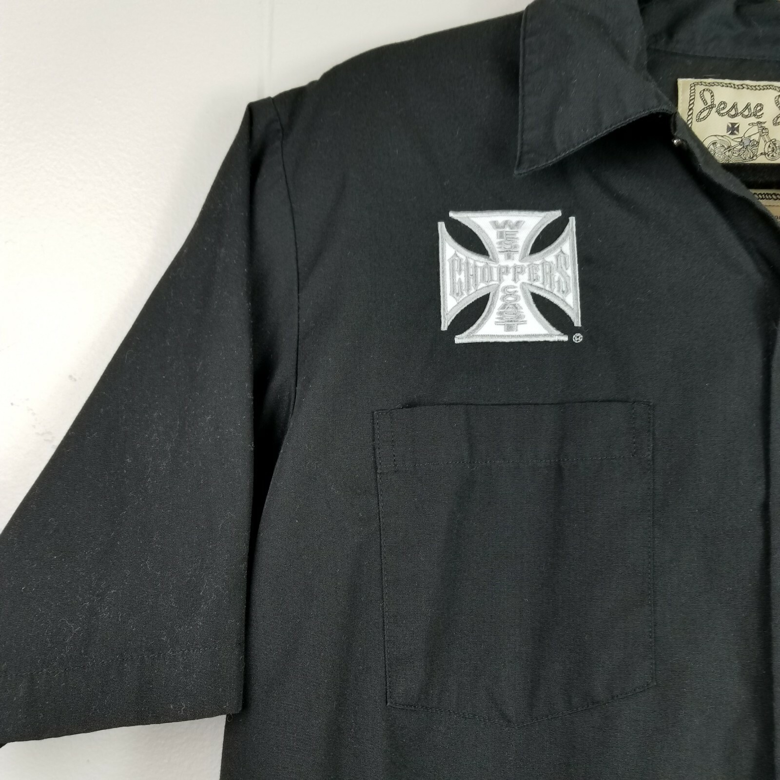 Jesse James Work Wear Shop Shirt Embroidered Button Up Black Short Sleeve Medium