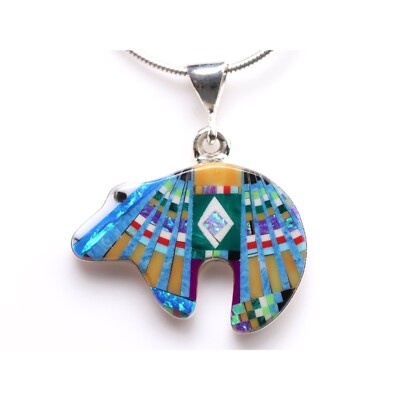 Southwestern Micro Inlay Bear Pendant - Sterling Silver Jewelry - Necklace