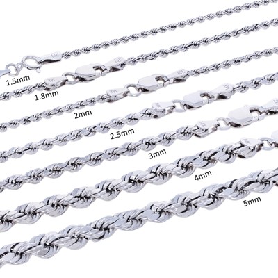 14K White Gold 1.5mm-5mm Diamond Cut Rope Chain Necklace Mens Womens 14"-30"