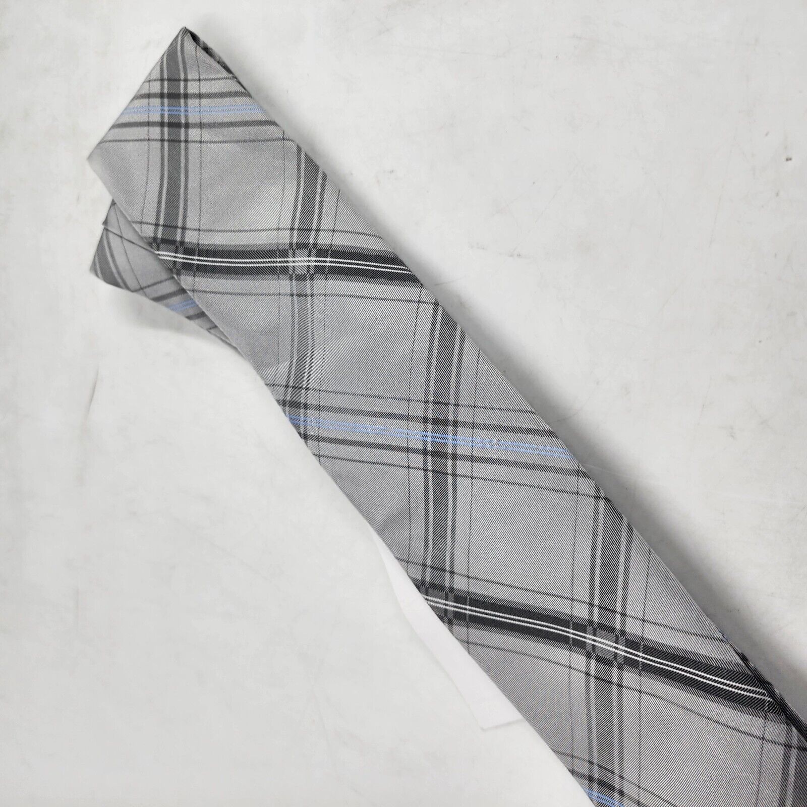 Calvin Klein Silk Slim Plaid Tie Men's One Size Gray Blue Pointed Design - Picture 12 of 13