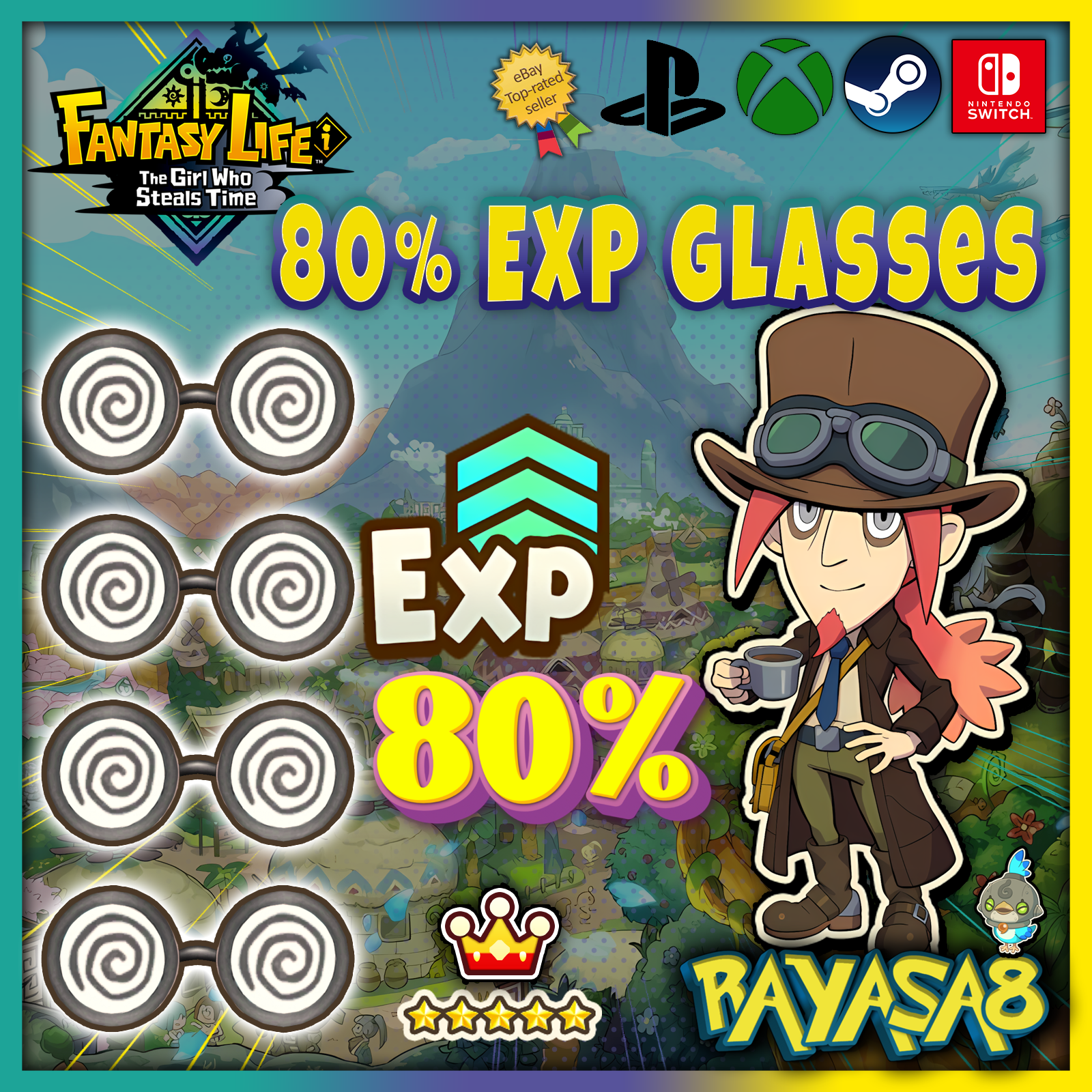 Fantasy Life i | 80% EXP Swirly Specs Set (4x) | Level Boost