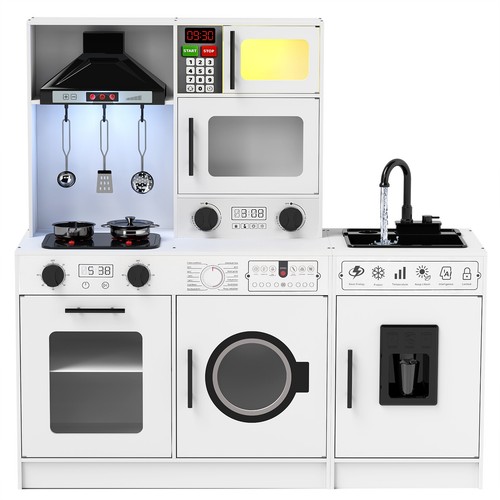JOYLDIAS White Kid Pretend Play Kitchen Set Wooden Toy Running Water,Sound,Light