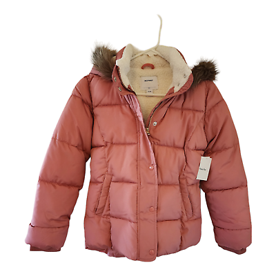 Old Navy Girls Puffer Winter Coat Jacket Faux Fur Hooded pink Size X Large 14
