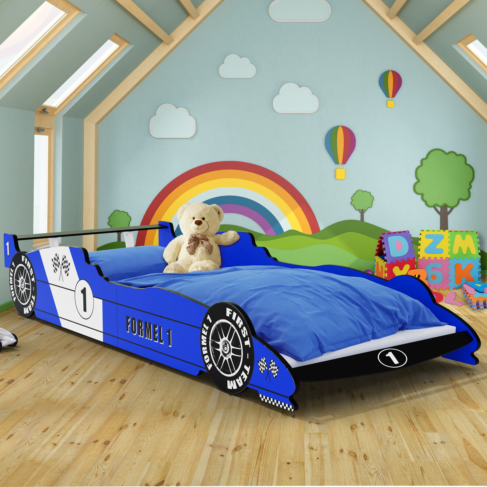 Kinderbett Juniorbett Autobett Renn Spiel Jugend Bett 90x200 mit Lattenrost Blau