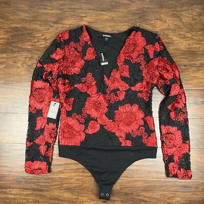 Express Womens M Ruby Red & Black Lace Floral Ribbon Embroidered Thong Bodysuit