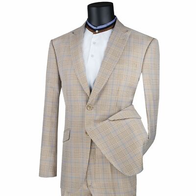 VINCI Men's Beige Glen Plaid 2 Button Stretch Slim Fit Suit NEW