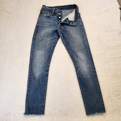 Levis 501 Jeans Womens 26x27 Blue Medium Wash Raw Hem   *Distress Patch Near Fly
