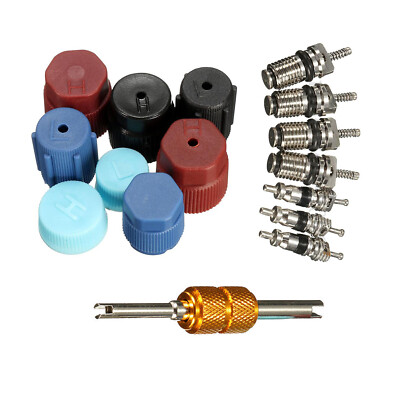 16PACK A/C Valve Core Kit AC System Cap & Valve Stem Cores Seal Remover Tool H