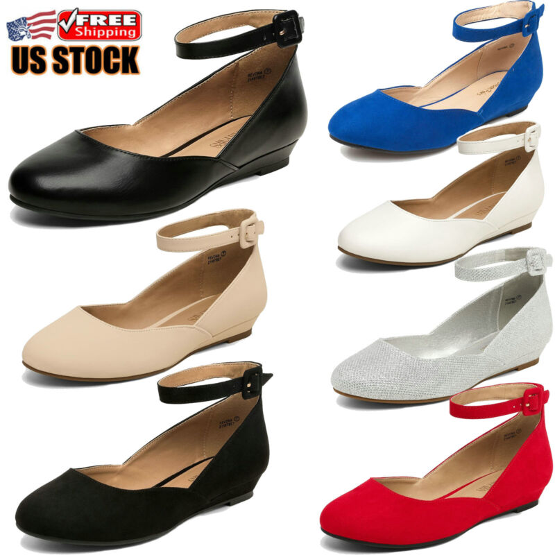 Women Ballet Flats Shoes Ankle Strap Round Toe Low Wedge Comfort Slip On Flats