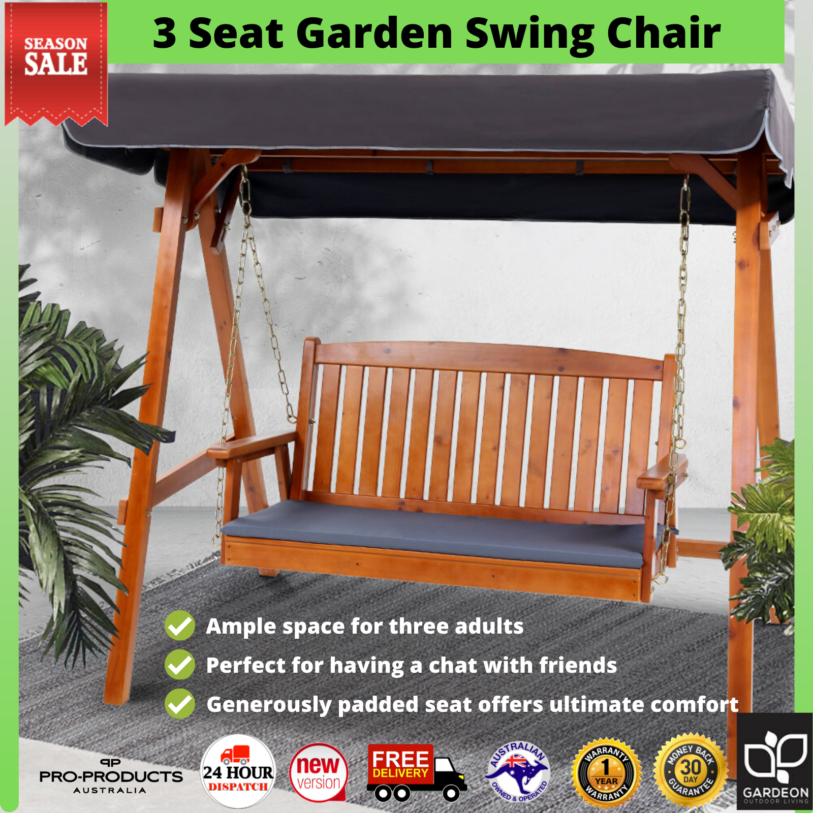 3 Seater Wooden Timber Swing Chair Garden Patio Bench