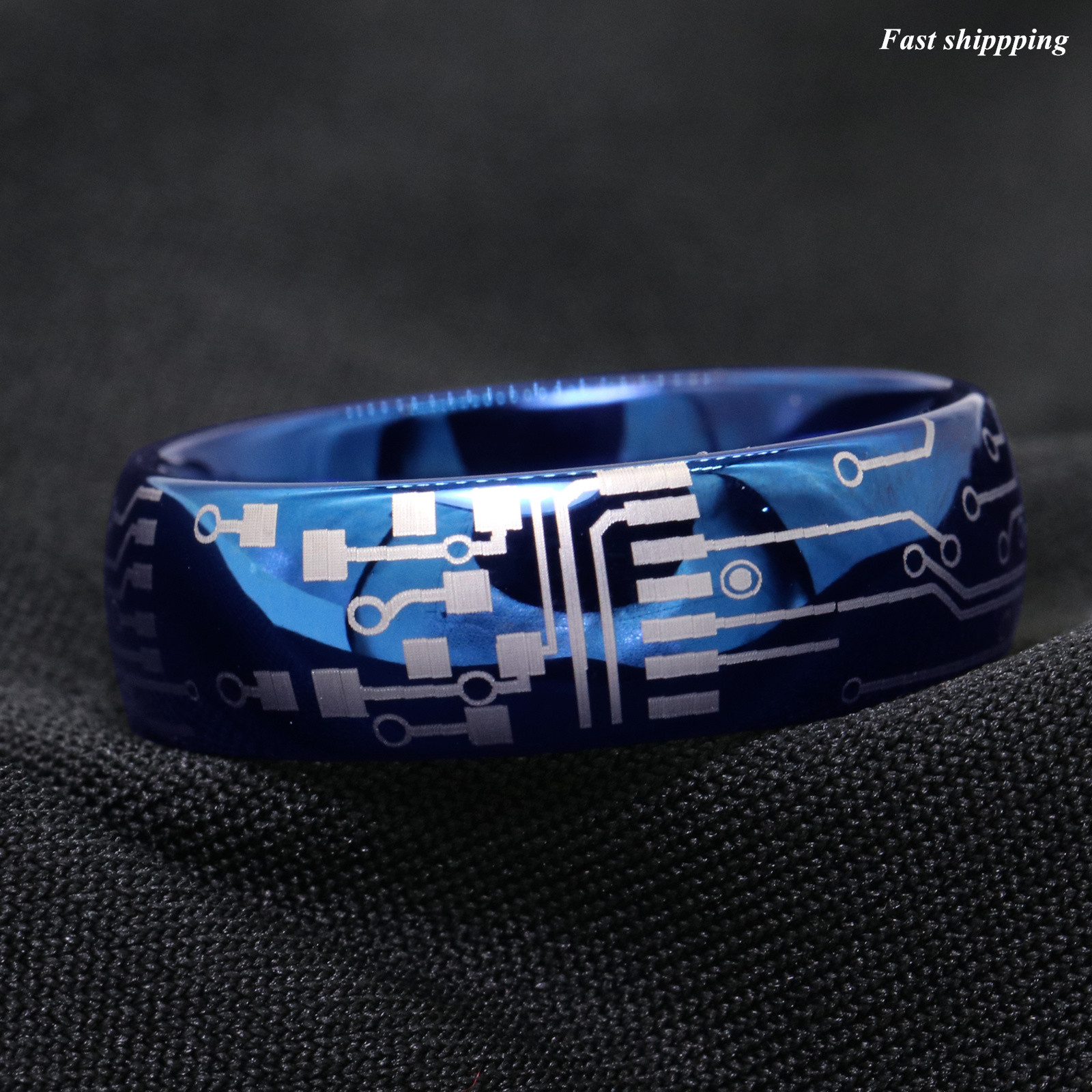 8mm Shiny Blue Dome Tungsten Carbide Ring Laser Circuit Board ATOP Men's Jewelry