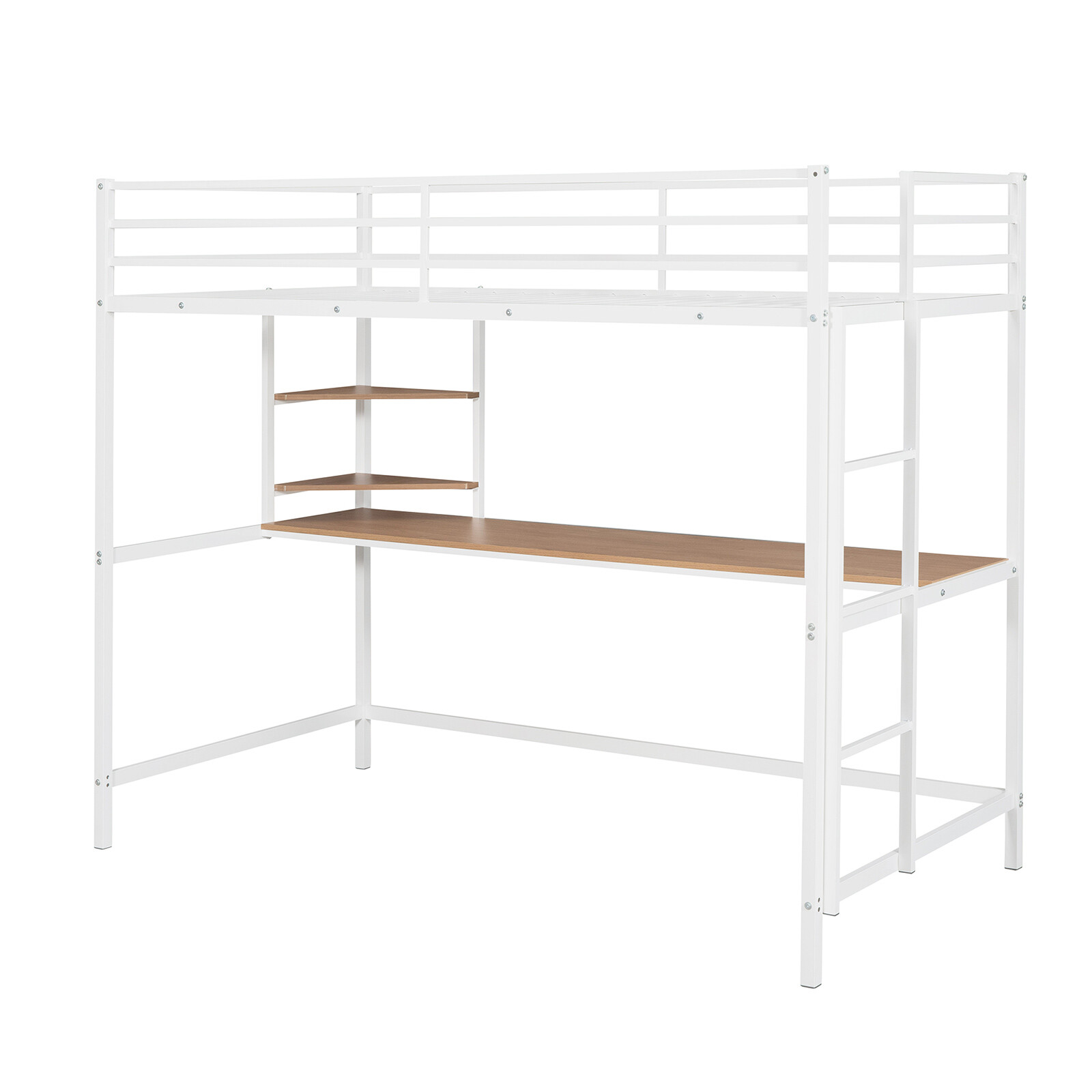 White Twin Size Loft Bed with Wood Desk & Shelf Metal Bed Frame For Kids Bedroom