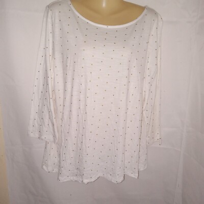 Basic Editions Women's Top Size XXL White Gold Polka Dot 3/4 sleeve 100% Cotton