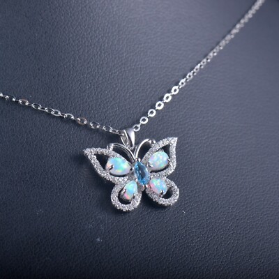 Pre-owned Jewe2004 Solid 14k White Gold Colorful Opal Butterfly Pendant Necklace With Chain 18 Inch